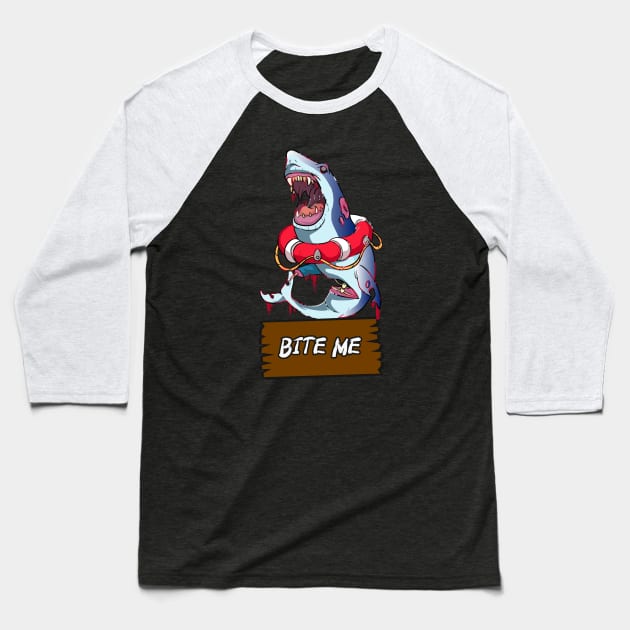 Bite me Shark Zombie Baseball T-Shirt by Trendy Black Sheep